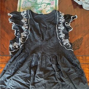 Black Ruffled Top with White Floral Embroidery